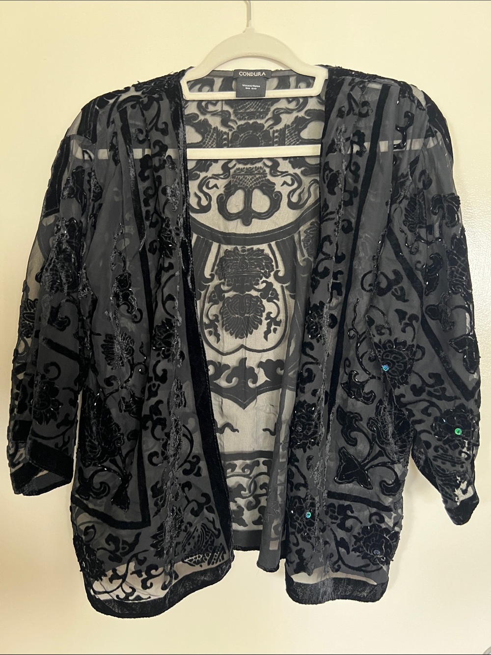 Black Sheer Open-Front Embroidered Kimono